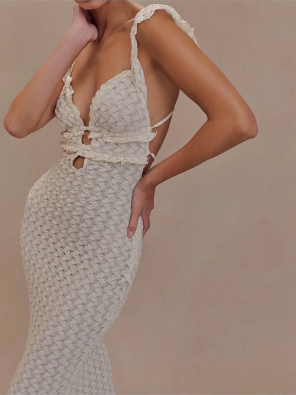 Meshki Size Large Textured Cream Knit Cutout Dress